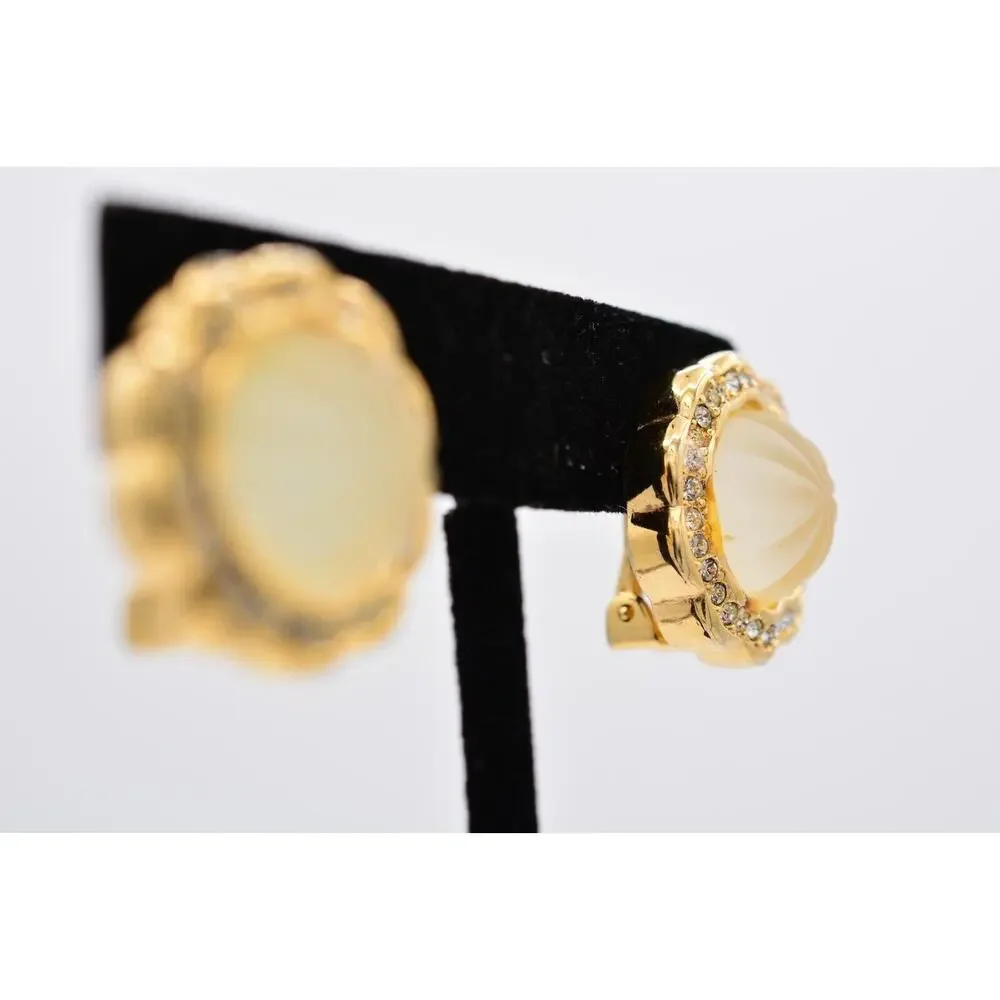 Christian Dior Vintage Clip On Earrings Frosted Glass Crystal Gold Signed BinAB